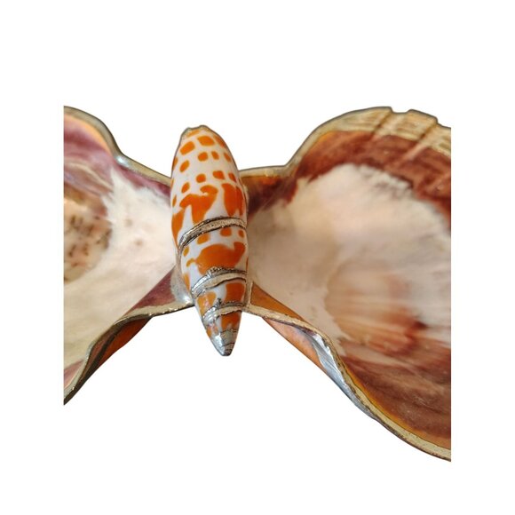 Vintage Double Calico Scallop Trinket Dish Episcopal Miter Shell Gold Trim Ocean - Picture 4 of 6